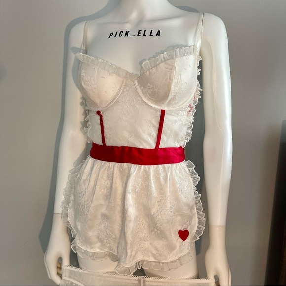 34C/S VS Victoria’s Secret Sexy Nurse Apron Costume garter lingerie white red - Picture 5 of 16